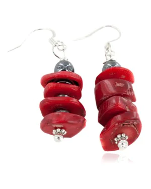 Certified Authentic Navajo .925 Sterling Silver Hooks Coral and Natural Hematite Dangle Native American Earrings 18160