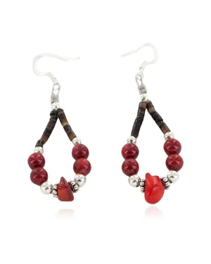 Certified Authentic Navajo .925 Sterling Silver Hooks Coral Heishi Hoop Native American Dangle Earrings 18263-33