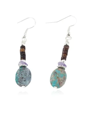 Certified Authentic Navajo .925 Sterling Silver Hooks Dangle Natural Amethyst Turquoise Native American Earrings 18106-13