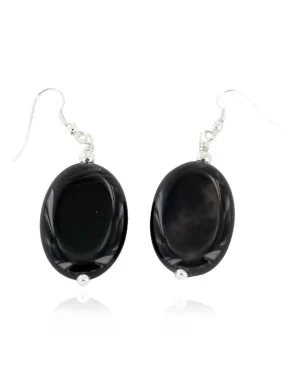 Certified Authentic Navajo .925 Sterling Silver Hooks Dangle Natural Black Onyx Native American Earrings 18119-1