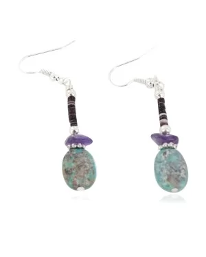 Certified Authentic Navajo .925 Sterling Silver Hooks Dangle Natural Turquoise Amethyst Native American Earrings 18106-4