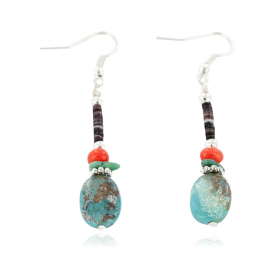 Certified Authentic Navajo .925 Sterling Silver Hooks Dangle Natural Turquoise Coral Heishi Native American Earrings 18106-7 All Products NB151215033418 18106-7 (by LomaSiiva)