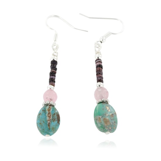 Certified Authentic Navajo .925 Sterling Silver Hooks Dangle Natural Turquoise Pink Quartz Native American Earrings 18106-10 All Products NB151215031829 18106-10 (by LomaSiiva)