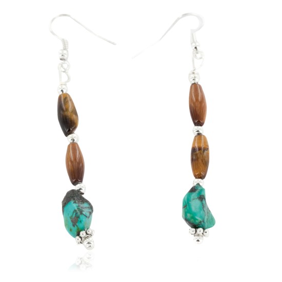 Certified Authentic Navajo .925 Sterling Silver Hooks Dangle Natural Turquoise Tigers Eye Native American Earrings 18127