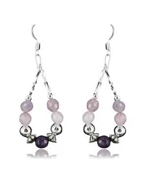 Certified Authentic Navajo .925 Sterling Silver Hooks Natural Pink Quartz and Sugilite Native American Earrings 390728583087