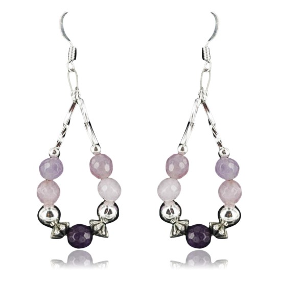 Certified Authentic Navajo .925 Sterling Silver Hooks Natural Pink Quartz and Sugilite Native American Earrings 390728583087