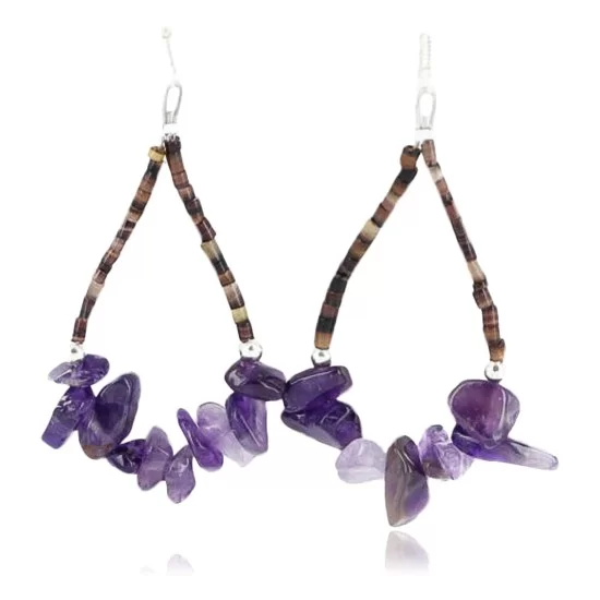 Certified Authentic Navajo .925 Sterling Silver Hooks Natural PURE AMETHYST HEISHI HOOP Native American Earrings 371014474463