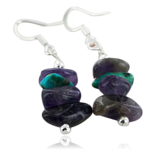 Certified Authentic Navajo .925 Sterling Silver Hooks Natural Turquoise Amethyst Native American Earrings 18068