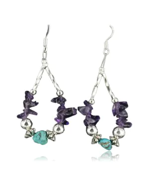 Certified Authentic Navajo .925 Sterling Silver Hooks Natural Turquoise Amethyst Native American Earrings 370964804472
