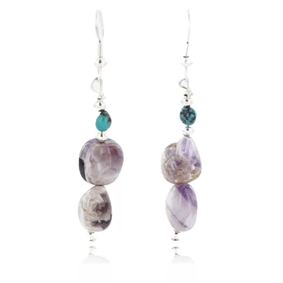 Certified Authentic Navajo .925 Sterling Silver Hooks Natural Turquoise Amethyst Native American Earrings 390813107762