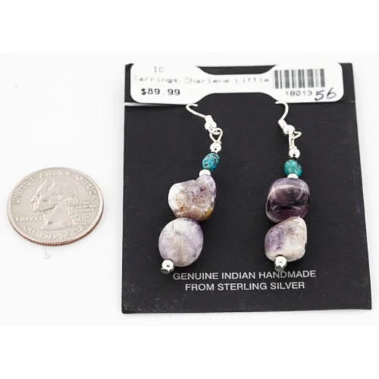 Certified Authentic Navajo .925 Sterling Silver Hooks Natural Turquoise Amethyst Native American Earrings 390813107762