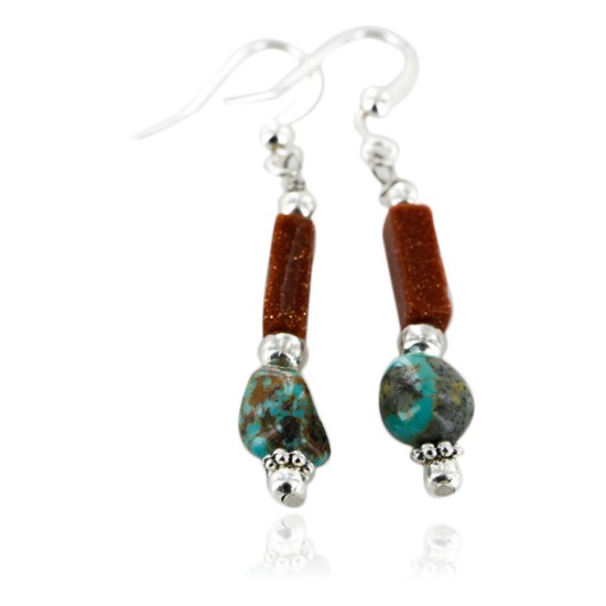 Certified Authentic Navajo .925 Sterling Silver Hooks Natural Turquoise and Goldstone Native American Earrings 18074