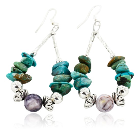 Certified Authentic Navajo .925 Sterling Silver Hooks Natural Turquoise and Jasper Native American Earrings 18098-1