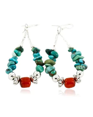 Certified Authentic Navajo .925 Sterling Silver Hooks Natural Turquoise Coral Native American Earrings 18098-4