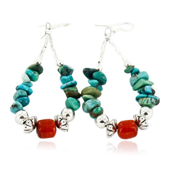 Certified Authentic Navajo .925 Sterling Silver Hooks Natural Turquoise Coral Native American Earrings 18098-4