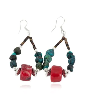 Certified Authentic Navajo .925 Sterling Silver Hooks Natural Turquoise CORAL Native American Earrings  18102-2