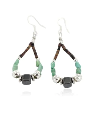 Certified Authentic Navajo .925 Sterling Silver Hooks Natural Turquoise Hematite Heishi Hoop Native American Dangle Earrings 18263-39