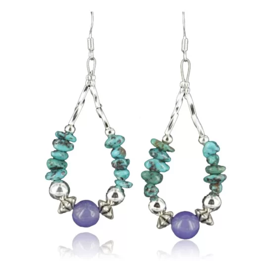 Certified Authentic Navajo .925 Sterling Silver Hooks Natural Turquoise Sugilite Native American Earrings 370959390449