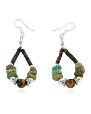 Certified Authentic Navajo .925 Sterling Silver Hooks Natural Turquoise Tigers Eye Heishi Hoop Native American Dangle Earrings 18263-22 Certified Authentic Navajo .925 Sterling Silver Hooks Natural Turquoise Tigers Eye Heishi Hoop Native American Dangle Earrings 18263-22