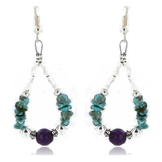 Certified Authentic Navajo .925 Sterling Silver Hooks Turquoise and Purple Jade Native American Earrings 390822695594