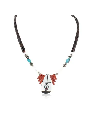 Certified Authentic Navajo .925 Sterling Silver Inlay Natural Graduated Melon Shell Turquoise Mother of Pearl Red Jasper Native American Necklace 15481-22