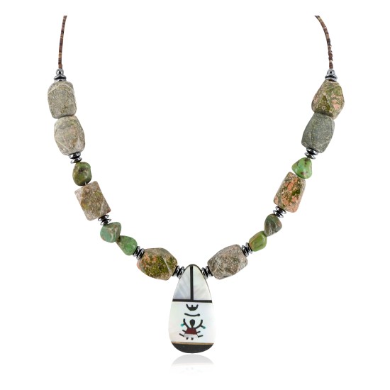 Certified Authentic Navajo .925 Sterling Silver Inlay Natural Turquoise Green Jasper Mother of Pearl Hematite Native American Necklace  15810-42