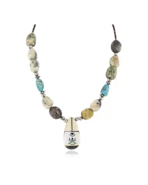 Certified Authentic Navajo .925 Sterling Silver Inlay Natural Turquoise Mother of Pearl Green Jasper Native American Necklace 15213-320 Certified Authentic Navajo .925 Sterling Silver Inlay Natural Turquoise Mother of Pearl Green Jasper Native American Necklace 15213-320