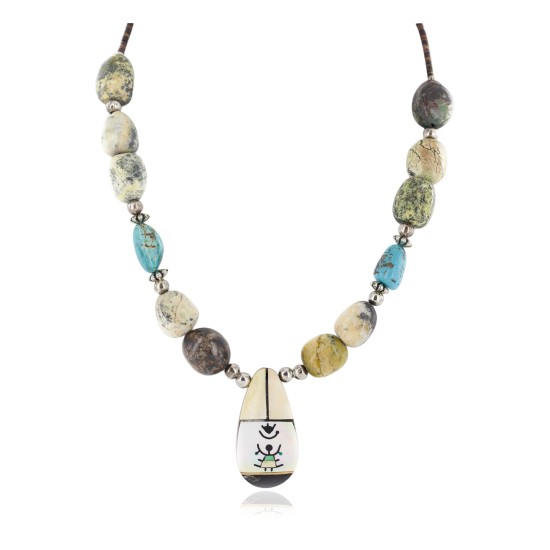 Certified Authentic Navajo .925 Sterling Silver Inlay Natural Turquoise Mother of Pearl Green Jasper Native American Necklace 15213-320