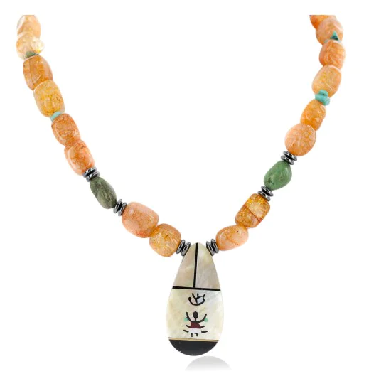 Certified Authentic Navajo .925 Sterling Silver Inlay Natural Turquoise Mother of Pearl Hematite and Quartz Native American Necklace 15810-45