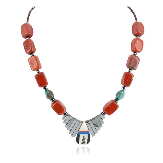 Certified Authentic Navajo .925 Sterling Silver Inlay Natural Turquoise Red Jasper Mother of Pearl Lapis Hematite Native American Necklace 15757-21