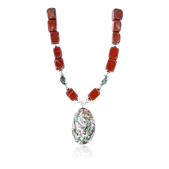 Certified Authentic Navajo .925 Sterling Silver Natural Abalone, Turquoise and Jasper Native American Necklace 750103-3