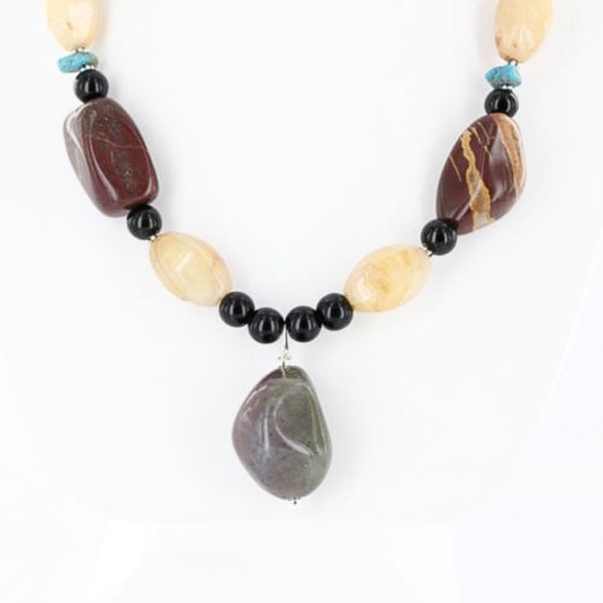 Certified Authentic Navajo .925 Sterling Silver Natural Agate Jasper Black Onyx Native American Necklace 15813-7