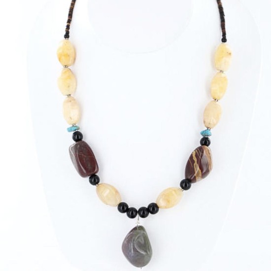 Certified Authentic Navajo .925 Sterling Silver Natural Agate Jasper Black Onyx Native American Necklace 15813-7
