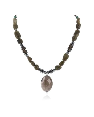 Certified Authentic Navajo .925 Sterling Silver Natural Agate Smoky Quartz Hematite Native American Necklace 750198-9 Certified Authentic Navajo .925 Sterling Silver Natural Agate Smoky Quartz Hematite Native American Necklace 750198-9
