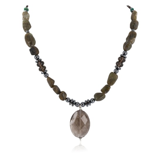 Certified Authentic Navajo .925 Sterling Silver Natural Agate Smoky Quartz Hematite Native American Necklace 750198-9 Certified Authentic Navajo .925 Sterling Silver Natural Agate Smoky Quartz Hematite Native American Necklace 750198-9