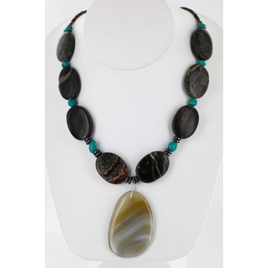 Certified Authentic Navajo .925 Sterling Silver Natural Agate Turquoise Jasper Native American Necklace 15800-34