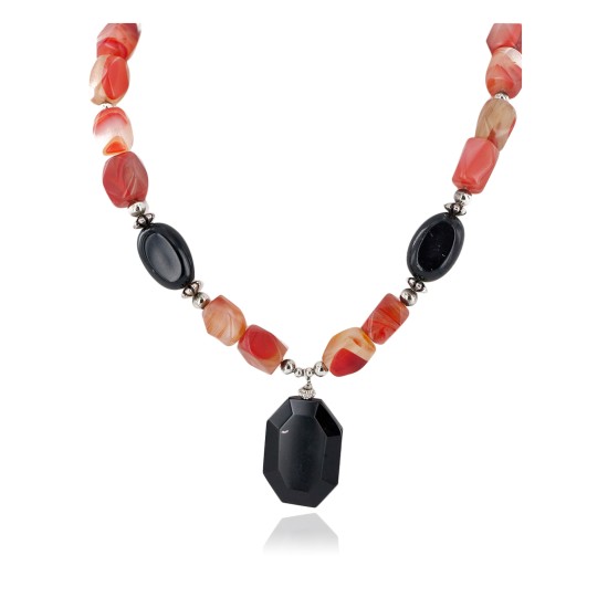 Certified Authentic Navajo .925 Sterling Silver Natural Black Onyx Carnelian Native American Necklace 15760-11