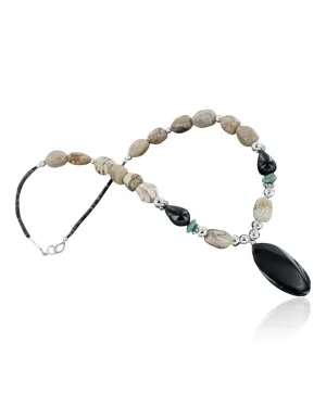 Certified Authentic Navajo .925 Sterling Silver Natural BOULDER Turquoise and Onyx Native American Necklace 15213-20