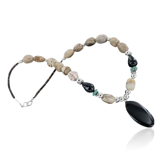Certified Authentic Navajo .925 Sterling Silver Natural BOULDER Turquoise and Onyx Native American Necklace 15213-20 Certified Authentic Navajo .925 Sterling Silver Natural BOULDER Turquoise and Onyx Native American Necklace 15213-20