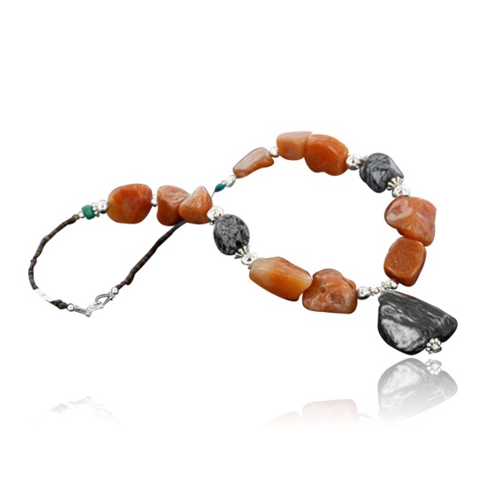 Certified Authentic Navajo .925 Sterling Silver Natural Carnelian Turquoise Jasper Native American Necklace 15768-10 Certified Authentic Navajo .925 Sterling Silver Natural Carnelian Turquoise Jasper Native American Necklace 15768-10