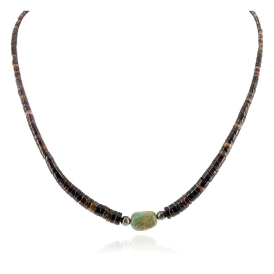 Certified Authentic Navajo .925 Sterling Silver Natural Dark Graduated Heishi and Turquoise Native American Necklace 15262-55
