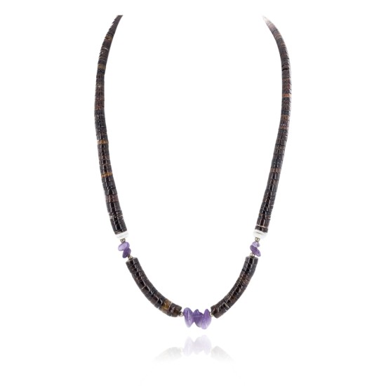 Certified Authentic Navajo .925 Sterling Silver Natural Graduated Heishi and Amethyst Native American Necklace 15151-16