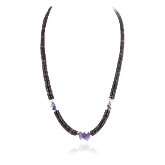 Certified Authentic Navajo .925 Sterling Silver Natural Graduated Heishi and Amethyst Native American Necklace 15151-16 Certified Authentic Navajo .925 Sterling Silver Natural Graduated Heishi and Amethyst Native American Necklace 15151-16