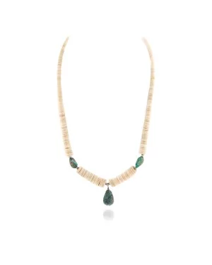 Certified Authentic Navajo .925 Sterling Silver Natural Graduated Melon Shell and Turquoise Native American Necklace 15213-33