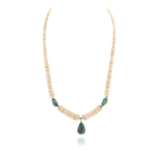 Certified Authentic Navajo .925 Sterling Silver Natural Graduated Melon Shell and Turquoise Native American Necklace 15213-33