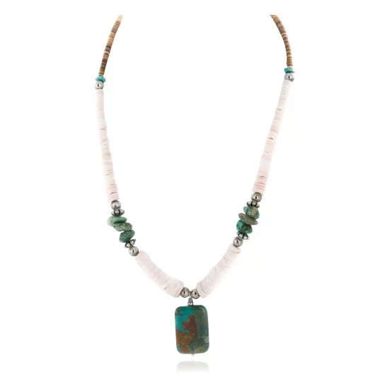 Certified Authentic Navajo .925 Sterling Silver Natural Graduated Melon Shell and Turquoise Native American Necklace 17081-5 Certified Authentic Navajo .925 Sterling Silver Natural Graduated Melon Shell and Turquoise Native American Necklace 17081-5