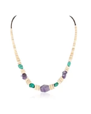 Certified Authentic Navajo .925 Sterling Silver Natural Graduated Melon Shell Turquoise Amethyst Native American Necklace 16078