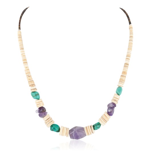Certified Authentic Navajo .925 Sterling Silver Natural Graduated Melon Shell Turquoise Amethyst Native American Necklace 16078 Certified Authentic Navajo .925 Sterling Silver Natural Graduated Melon Shell Turquoise Amethyst Native American Necklace 16078