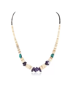 Certified Authentic Navajo .925 Sterling Silver Natural Graduated Melon Shell Turquoise Amethyst Native American Necklace 16080-1