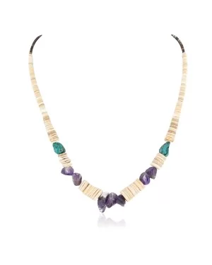Certified Authentic Navajo .925 Sterling Silver Natural Graduated Melon Shell Turquoise Amethyst Native American Necklace 16080-2